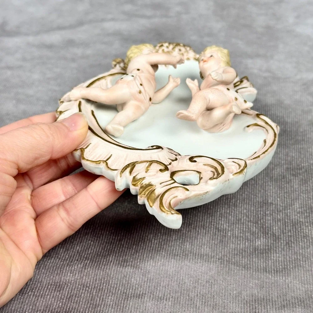 Vintage Lefton Porcelain Cherub Wall Decor Pink Gold Ornate Plaque Hand Painted